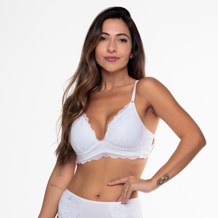 Sutiã com Bojo Flexível, Sem Aro de Algodão Egípcio em renda Branco